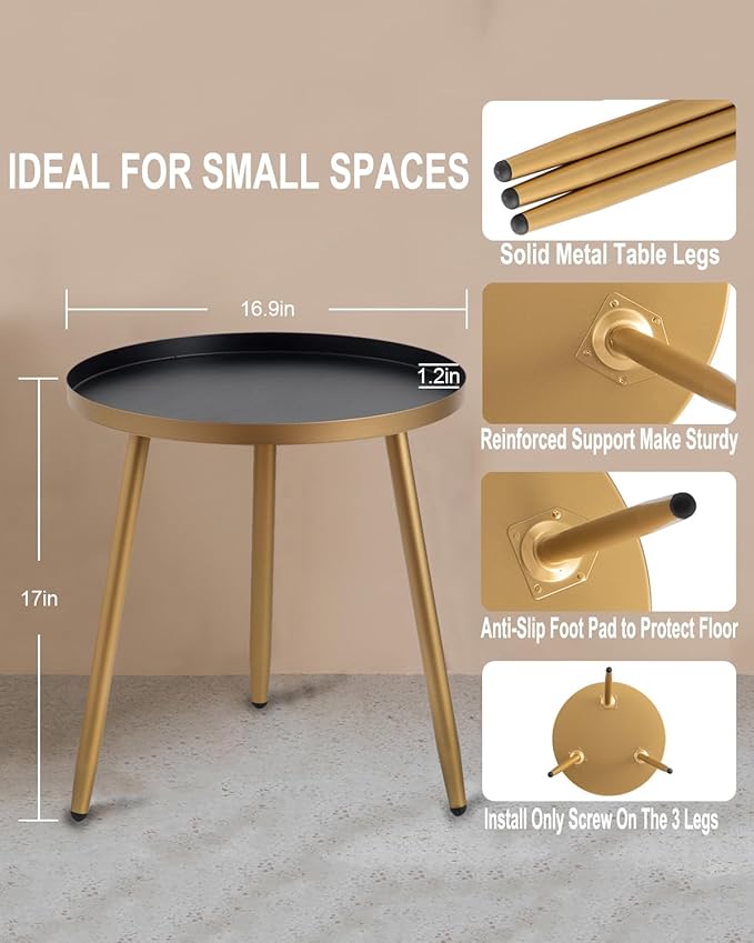 AOJEZOR Side Table: End Table for Any Room - Round Side Tables for Small Spaces - Black Top with 3 Gold Legged