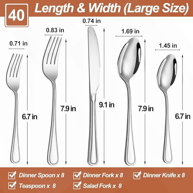 40 Pcs Silverware Set for 8 with Simple Striped Handle Design, Food Grade Stainless Steel Flatware Set, Eating Utensils Sets Include Fork/Knife/Spoon, Reusable Cutlery Set, Dishwasher Safe