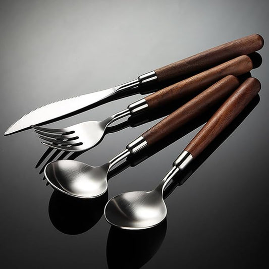 Flatware Set 36 Piece Walnut Handle Silverware Set for 9, 18/8 Stainless Steel Home Kitchen Cutlery Utensils Include Knifvs Forks and Spoons Tableware Set Durable Dishwasher Safe