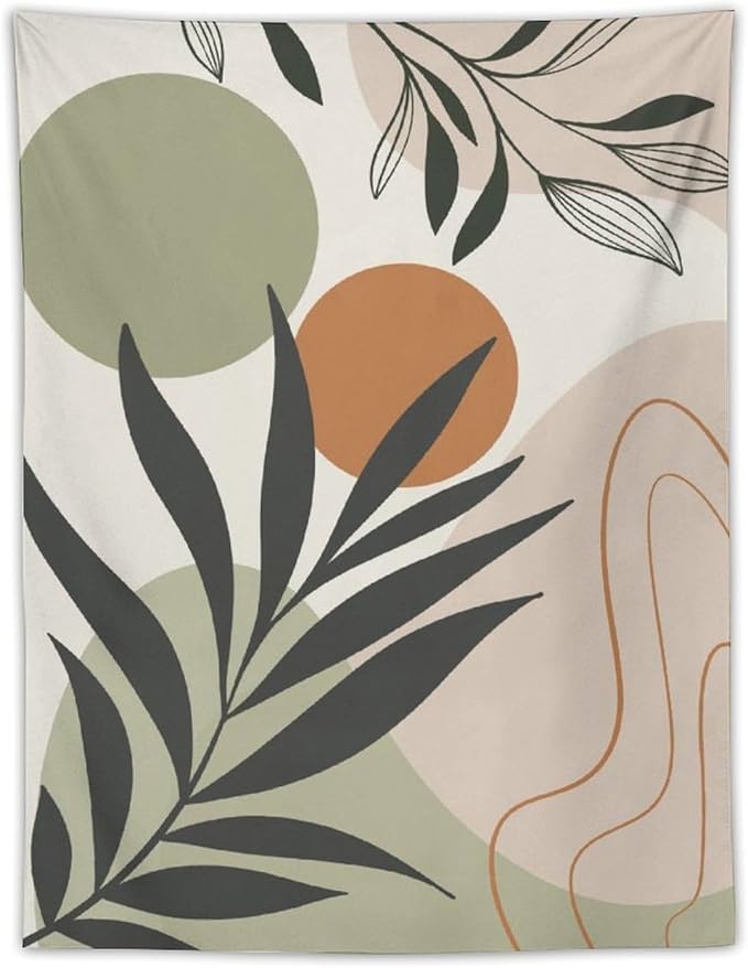 Abstract Bohemian Mid Century Tapestry, Tropical Leaves Modern Geometric Archway Minimalist Bohemian Botanical Aesthetic Wall Hanging, Sage Green Gold Home Decor Art for Bedroom 60x80 Inch