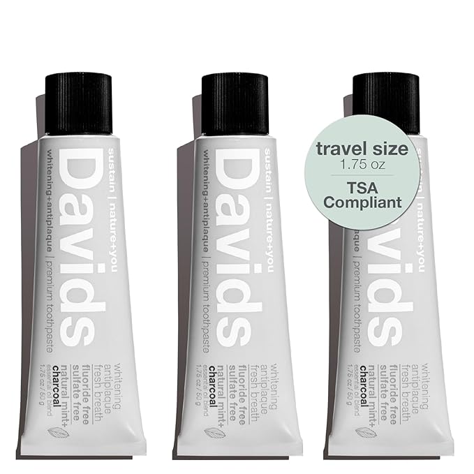 Davids Whitening Charcoal Travel Toothpaste, Antiplaque, Fluoride Free, Peppermint, 1.75 OZ, TSA Approved Travel Size (3 Pack)