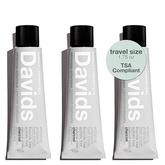 Davids Whitening Charcoal Travel Toothpaste, Antiplaque, Fluoride Free, Peppermint, 1.75 OZ, TSA Approved Travel Size (3 Pack)