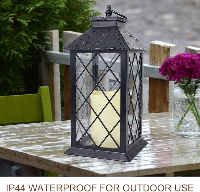 Bright Zeal 13.5" Black Vintage Candle Lantern with LED Pillar Candle and Timer - IP44 Waterproof Porch Light - Tabletop Lantern Decorative Outdoor