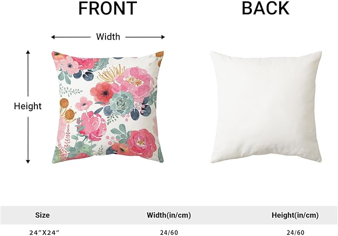 CXMEIFLY Spring Floral Pillow Covers 24 x 24 Inch Set of 2 for Watercolor Pink Flowers Decor Throw Pillows Green Leaves Plant Outdoor Decorative Cushion Cases with Zipper for Couch Bed Decorations