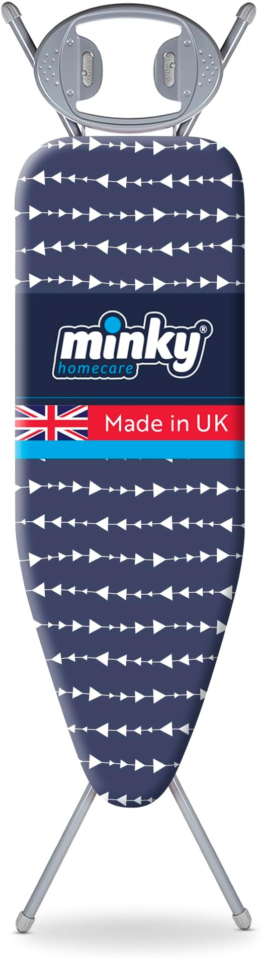 Classic 4-Leg Ironing Board with Iron Rest - Freestanding Full Size Iron Board for Clothes Pressing and Steaming with 43" x 14" Surface - Blue Arrows