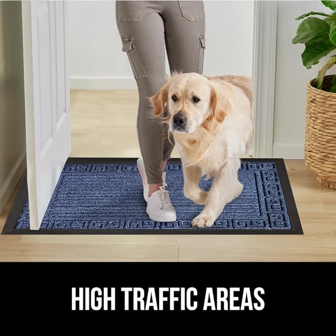 GORILLA GRIP 100% Waterproof All-Season WeatherMax Doormat 35x23, US Designed Natural Rubber, Stain and Fade Resistant, Low Profile Indoor Outdoor Door Mats, Easy Clean Patio Mat, Navy Greek Keys