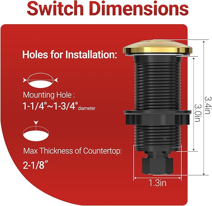 APIELE Garbage Disposal Air Switch Kit, Sink Top Push Button Switch for Food Waste Disposer, UL Listed 3.6" Long On/Off Air Button (Yellow Bronze)