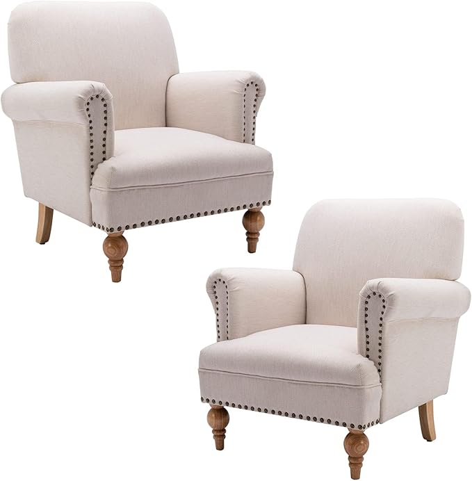chairus Linen Accent Chair for Living Room Set of 2 Upholstered Mid Century Modern Single Sofa Chair with Solid Wood Legs Comfy Reading Chair Armchair for Bedroom/Office Room/Recption/Lounge, Cream