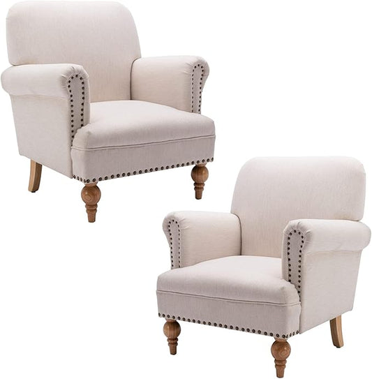 chairus Linen Accent Chair for Living Room Set of 2 Upholstered Mid Century Modern Single Sofa Chair with Solid Wood Legs Comfy Reading Chair Armchair for Bedroom/Office Room/Recption/Lounge, Cream