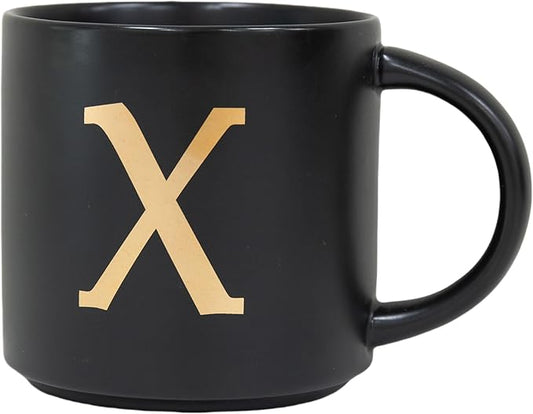 COLLECTIVE HOME - Monogram Ceramic Mugs, 15 oz Golden Initial Black Coffee Cups, Elegant Alphabet Tea Mugs, Elegant Personalized Mug with Gift Box, Unique Mug with Double Side Capital Lette (X)
