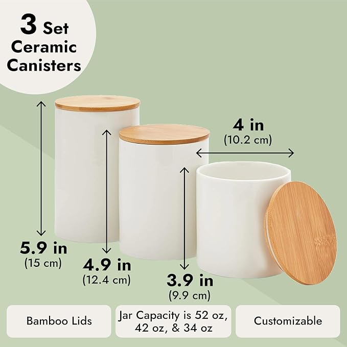 Farmlyn Creek Set of 3 White Ceramic Canisters with Airtight Wooden Bmaboo Lids - Kitchen Counter Containers - Food Storage Jars for Storing Sugar, Coffee, Snacks and Other Dry Goods (3 Sizes)