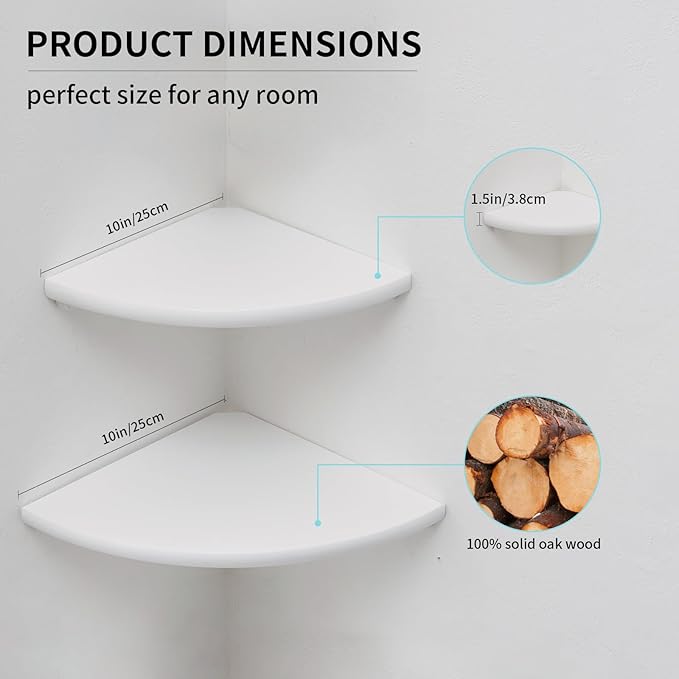 Corner Shelf, White Floating Corner Shelf, Set of 2 10inch Solid Oak Wood Wall Shelves, Round End Wall Mount with Wire Hole for Small Plant for Bedroom Kitchen, Living Room