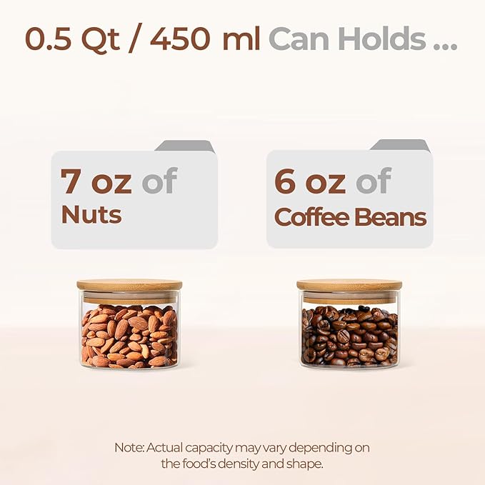 ComSaf 0.5 Qt Glass Food Storage Jars Set of 6, Clear Glass Storage Containers with Lids, Pantry Organization Jar, Spice, Blooming Tea, Coffee, Cookie and Sugar Container, Small jar Set for Kitchen