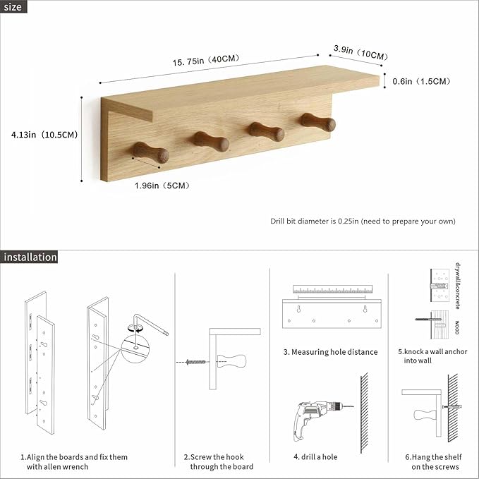 Entrance Coat Rack ，Coat Hooks, Wall-Mounted Wooden Hook Rack, Wall-Mounted Shelves are Very Suitable (Oak Colored Finish-1)