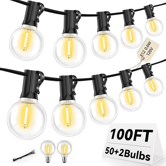 100FT G40 LED Outdoor String Lights with 50 Shatterproof Bulbs + 2 Spares, E12 Socket, 2700K Warm White, Weatherproof Black Cable, for Patio, Backyard, Wedding, Party, Porch, Deck, Gazebo, Camping
