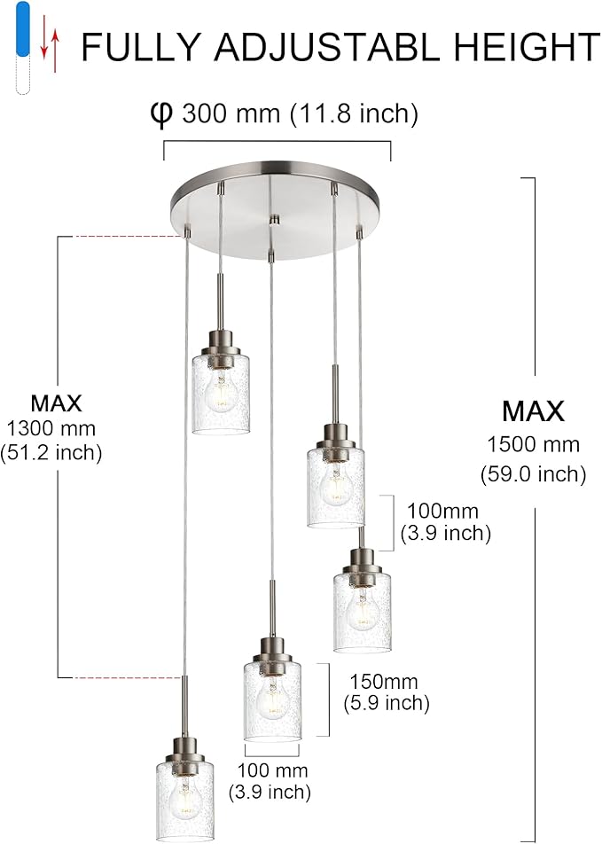 5 Light Farmhouse Pendant Lighting for Kitchen Island,Brushed Nickel Dining Room Cluster Pendant Light Fixtures Hanging Ceiling with Seeded Glass,Modern Pendant Light for Entrance Stairwell