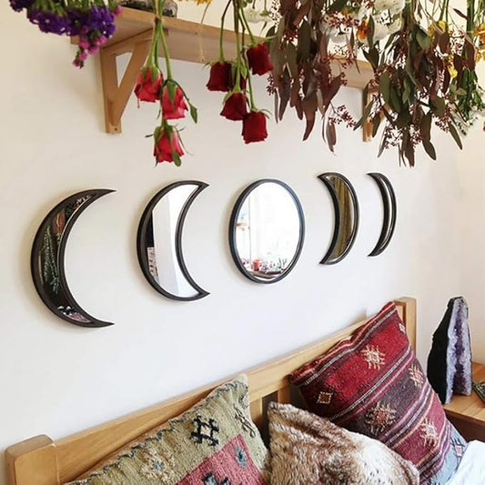 5 pcs Scandinavian Natural Decor Acrylic Moonphase Mirrors Interior Design Wooden Moon Phase Mirror Bohemian Wall Decoration for Home Living Room Bedroom Decor - No Need to Punch (Black)