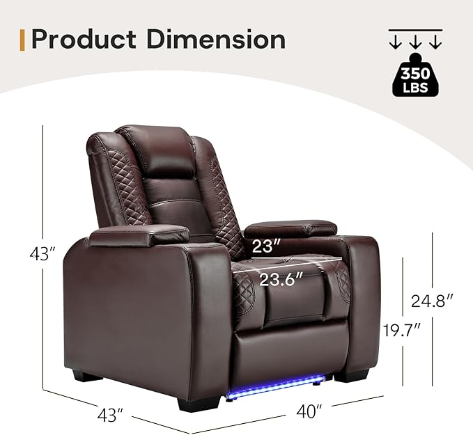 ANJ Power Home Theater Seating Set of 2, Brown Faux Leather Electric Recliner Chair with Powered Headrest, Dual Motors Movie Reclining Chairs with LED Lights,USB Port,Cup Holders, Hidden Arm Storage