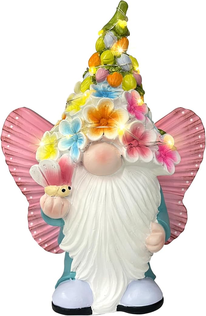 BAYN Garden Gnome Statues Outdoor Decor, Solar Powered Outdoor Gnome with Butterfly Wing Decorative Yard Garden Lights Art Gifts with 11 Warm White LEDs