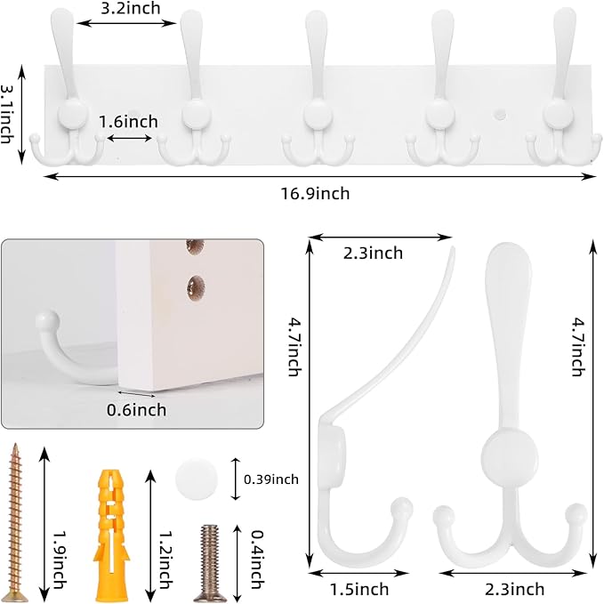 Coat Rack Wall Mount Coat Hooks Wooden Hat Rack for Wall Hooks Pine Real Wood Plank 16.9" White Coat Hanger with 5 White Triple Hooks for Hanging Coat Hat Jacket