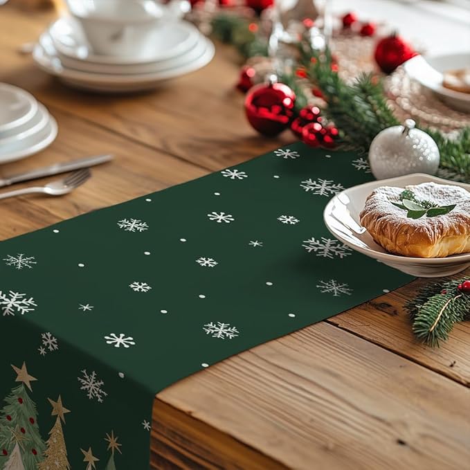 GEEORY Christmas Table Runner 13x36 Inch, Xmas Trees Snowflakes Holiday Decorative Farmhouse Table Decoration for Kitchen Dinning, Indoor Outdoor Dinner Party Decor (Green) GT152-36
