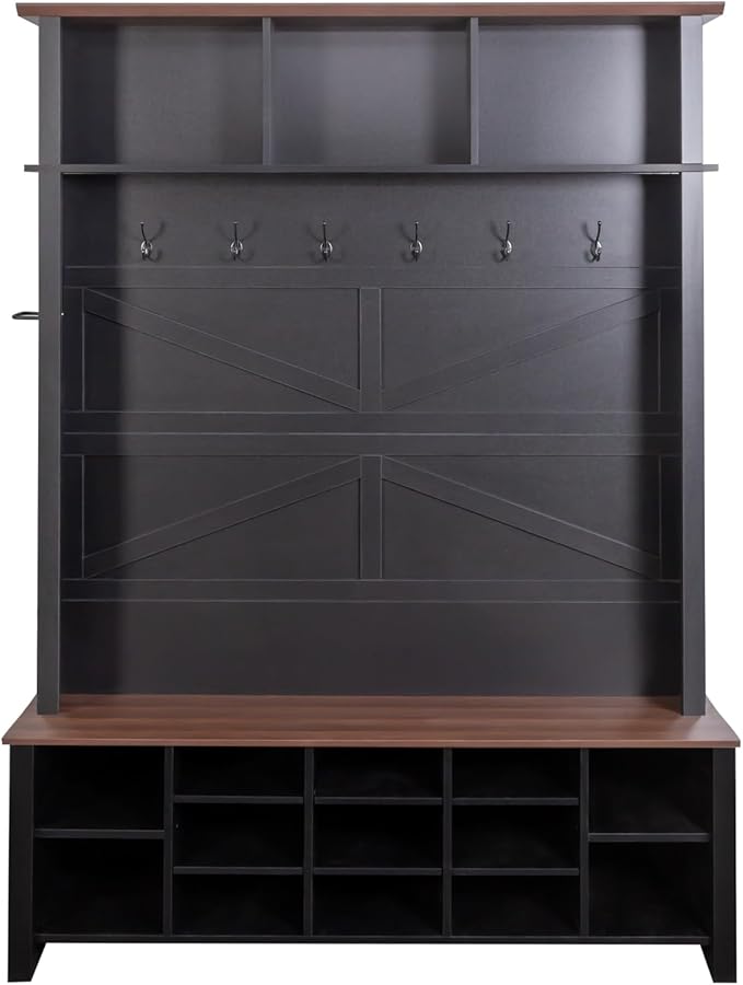 Ball & Cast 4-in-1 Hall Tree with 6 Hooks,Walnut Entryway Bench with Adjustable Shelves,Rustic Shoe Organizer with 16 Open Compartments,for Mudroom,Living Room,Hallway,Black