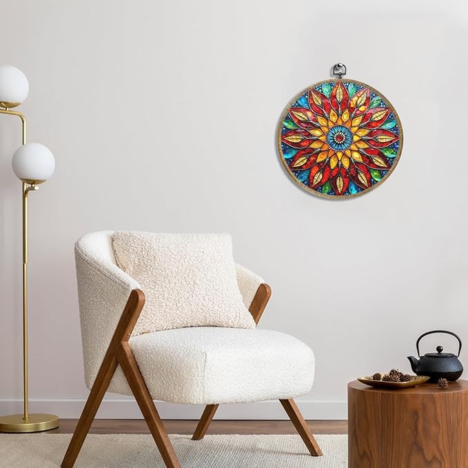 Colorful Geometric Mandala Framed Round Wall Decor Canvas Wall Art Hanging Prints Artwork for Home Office Kitchen Nursery Bedroom Living Room Porch Garden Birthday Decorations 10.2X10.2 Inch