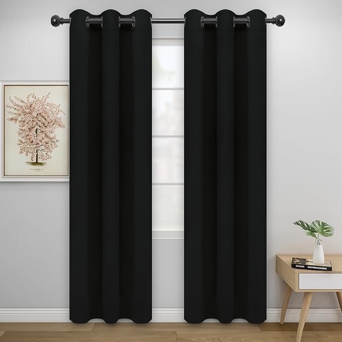 Easy-Going Blackout Curtains for Bedroom, Solid Thermal Insulated Grommet and Noise Reduction Window Drapes, Room Darkening Curtains for Living Room, 2 Panels (34x84 in, Black)