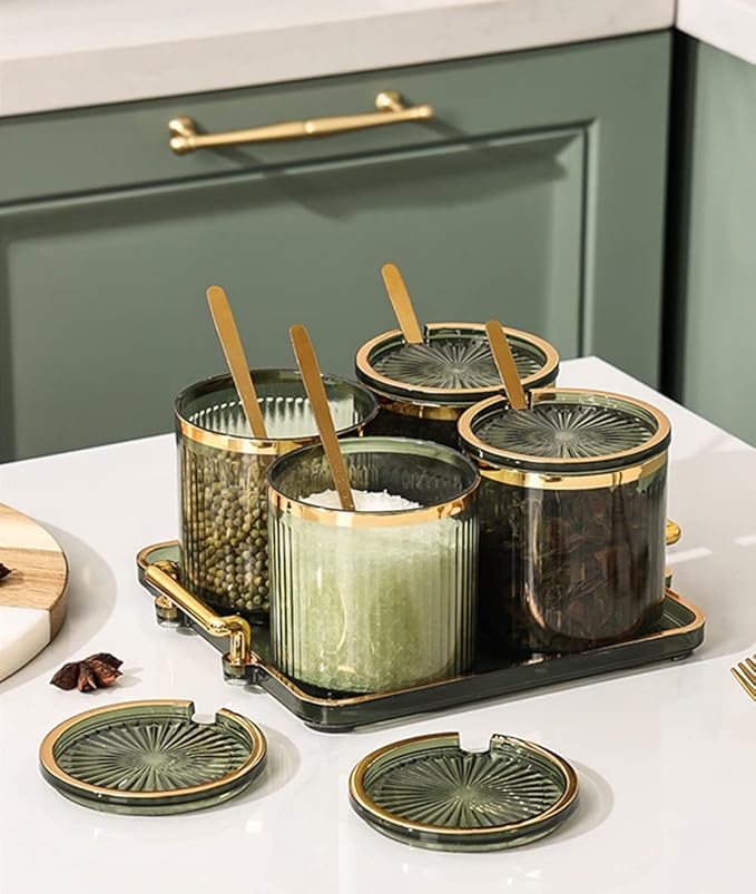 Acrylic Condiment Spice Jars,Condiment Spice Box With Lids and Spoons and Tray,Clear Plastic Sugar Salt Canisters,Seasoning Box 4 Pack,Seasoning Box Set for Kitchen to Storage Salt,Paprika,Sugar