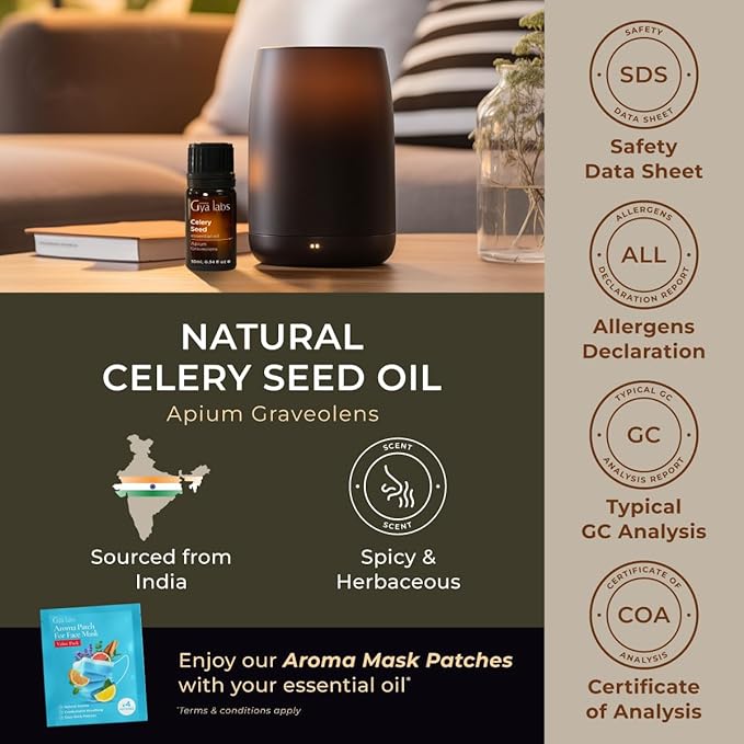 Gya Labs Celery Seed Essential Oil for Diffuser - 0.34 Fl Oz - 100% Pure Natural Celery Seed Oil for Skin & Face, Massage, Candle Making Scent
