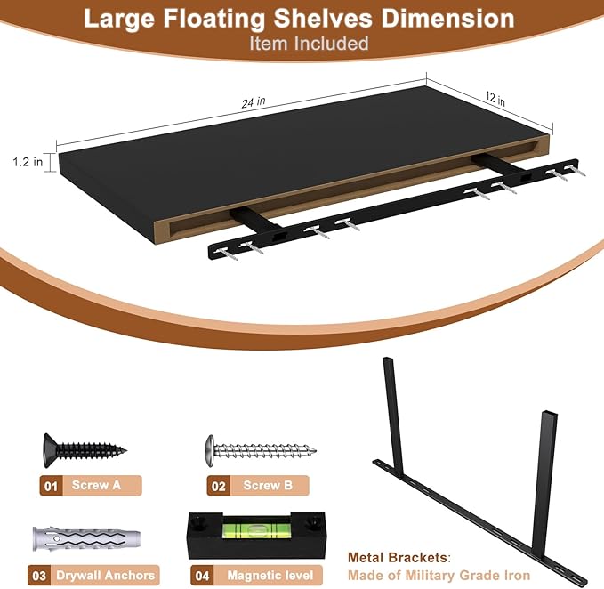 12 Inch Deep Floating Shelves for Wall 3 Pack Floating Shelves Large Storage Space Wall Mount Shelf for Living Room Kitchen Bathroom 24" W x 12" D x 1.2" H Black