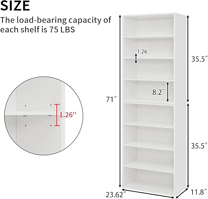 71 Inch Tall 8-Shelf Bookcase, Wood Bookshelf Storage Organizer Adjustable Shelf for Home Office Living Room, Converts into Two 4-Shelf Bookshelves, White