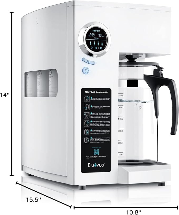 Bluevua RO100ROPOT Reverse Osmosis System Countertop Water Filter, 4 Stage Purification, Counter RO Filtration, 2:1 Pure to Drain, Purified Tap Water, Portable Water Purifier for Home