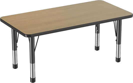 Factory Direct Partners FDP Rectangle (24 x 48 inch) Classroom Table with Adjustable Chunky Toddler Legs (15-24 in); Preschool, Kinder and Daycare Furniture - Pasadena Oak Top/Black Edge and Legs