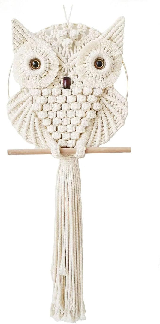 Achart Owl Macrame Wall Hanging-Hand Woven Boho Tapestry-Macrame Wall Decor -Owl Decor for Bedroom, Living Room, Nursery (Beige-Small)