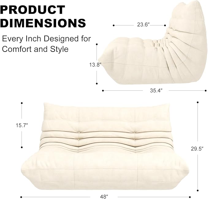 Full Foam Loveseat Sofa,Adults Bean Bag Chairs Floor Couch with Soft Waterproof Fabric,Armless Fireside Lounge Chair for Living Room,Apartment and Office (Whtie)