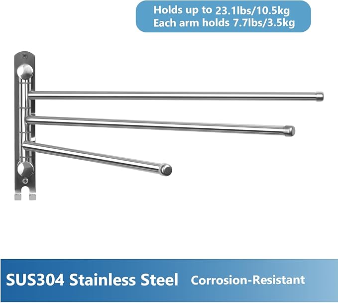 Bathroom Towel Rack JSVER 3 Arms Extended Towel Holder, Swivel Towel Bar, SUS304 Stainless Steel Space Saving Towel Racks for Bathroom, Kitchen