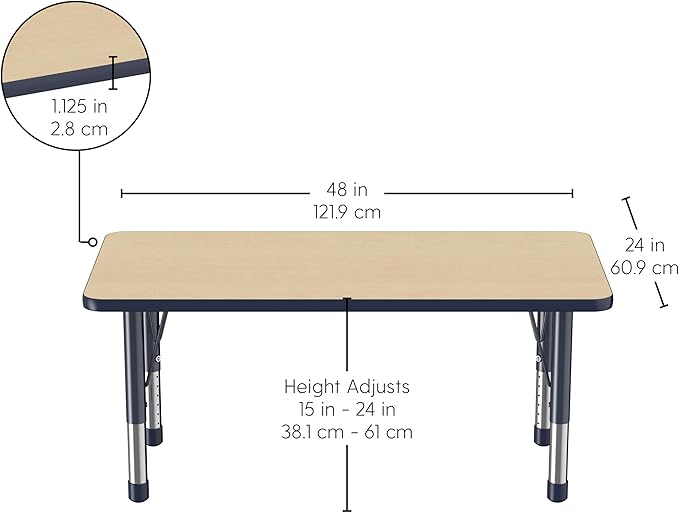 FDP Rectangle Activity School and Kids Classroom Table (24 x 48 inch), Toddler Legs, Adjustable Height 15-24 inches - Maple Top and Navy Edge