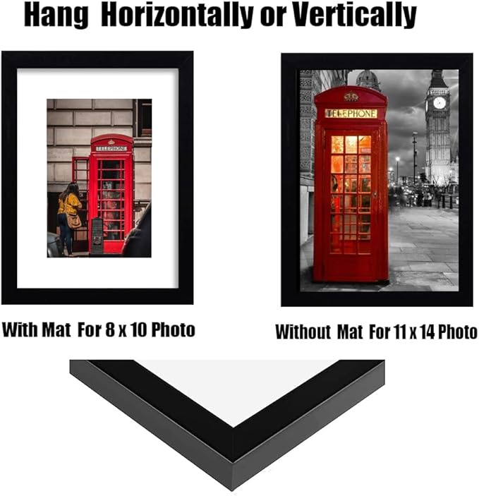11x14 Picture Frame Set of 6, Display Pictures 8x10 with Mat or 11x14 Without Mat for Wall Mounting,Black