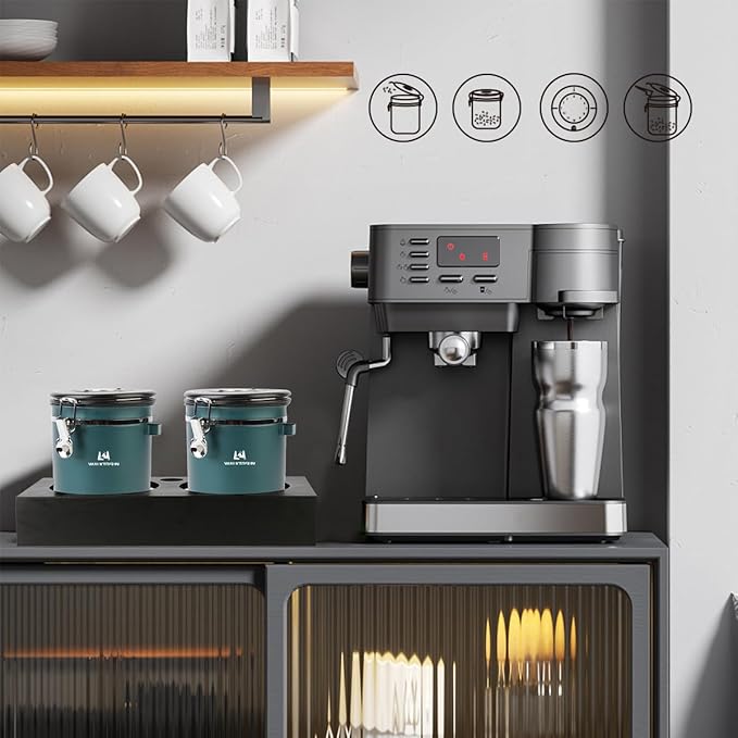 Coffee Canister Airtight Storage Container Stainless Steel Air Tight Coffee Jar with Scoop, Date Tracker CO2 Release Valve for Dry Food, Beans, Ground, Tea, Flour, Cereal and Sugar (Green)