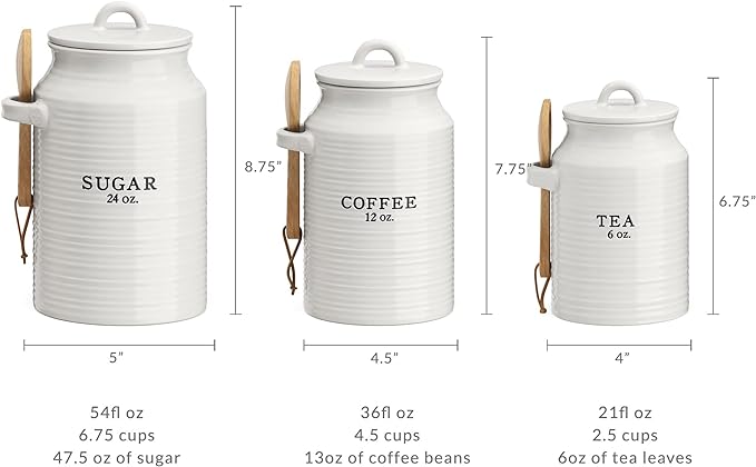 Barnyard Designs Canister Set for Kitchen Counter, Coffee Tea Sugar Container Ceramic Set, Decorative Canisters, Rustic Farmhouse Canister Jars, White (Coffee/Sugar/Tea)