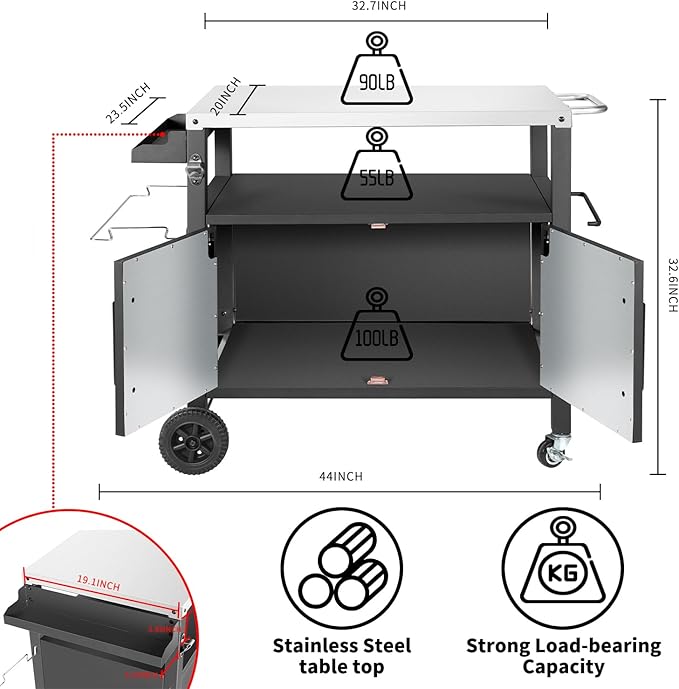 Dining Cart Table with Big Storage Cabinet, Movable Outdoor BBQ Grill Table Pizza Oven Stand, Kitchen Cart Island Multifunctional Food Prep for Inside and Outside