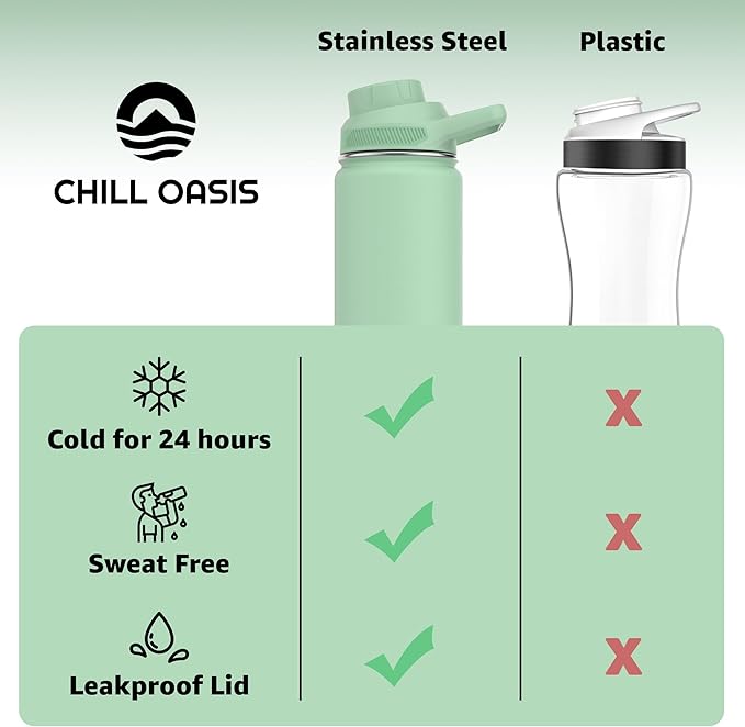Chill Oasis Water Bottle | Compatible With Popular Flavor Cartridges | BPA Free, Leak Proof, Double-Walled Vacuum Insulated Stainless Steel, and Dishwasher Safe | Cold for 24 Hours (Sage, 12oz)