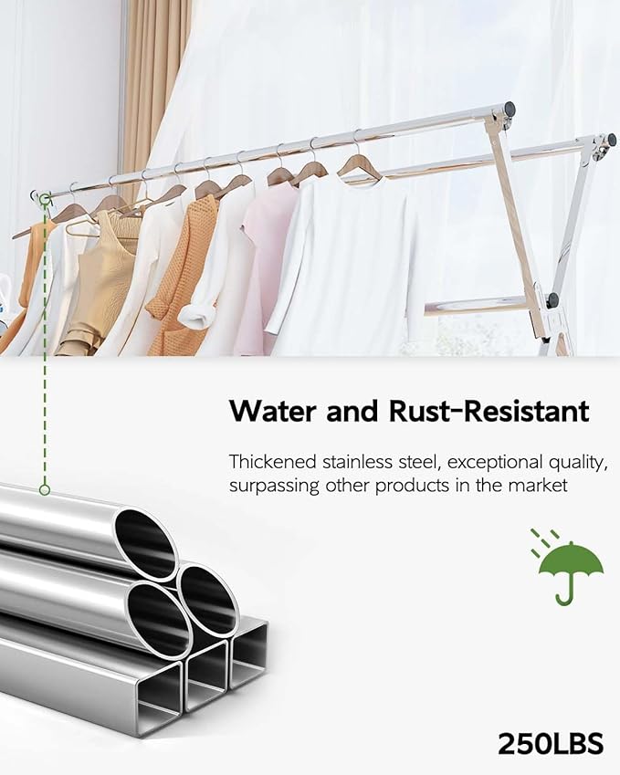 Clothes Drying Rack 95 Inches Folding Outdoor Indoor, Drying Rack Clothing Collapsible, Foldable Laundry Drying Rack, Heavy Duty Stainless Steel Clothesline, 20 Hooks 12 Clips