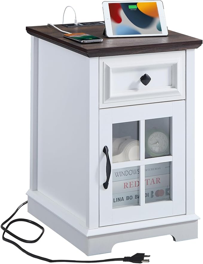 Farmhouse XXL End Table with Charging Station, Side Table with USB Ports and Outlets, Nightstand with Drawer and Glass Door Storage, White Bedside Tables for Living Room, Bedroom, Office
