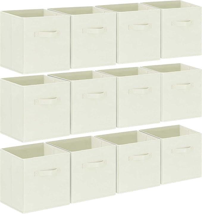 GhvyenntteS Storage Cubes 12 Pack, 11 Inch Cube Storage Bins with Dual Handles, Collapsible Fabric Storage Bins for Shelves Closet, Storage Baskets for Organizing Clothes, Bedding, Books, Beige