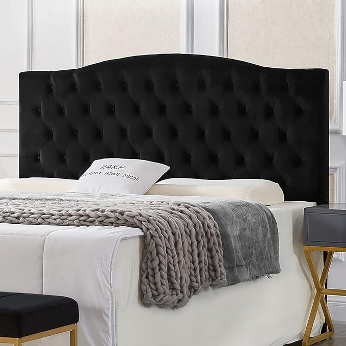 24KF Upholstered Tufted Button Velvet Headboard,Comfortable Fashional Headboard Queen/Full Size,Black