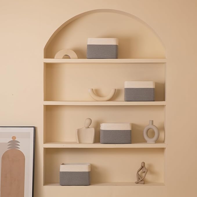 4 Pack Storage Baskets for Organizing, Woven Baskets for Shelves - Perfect for Toys, Books, Towels, and Clothes, Durable Gift Basket Bins Toy Storage, 12.7''L x9''W x7.8''H, Grey and White