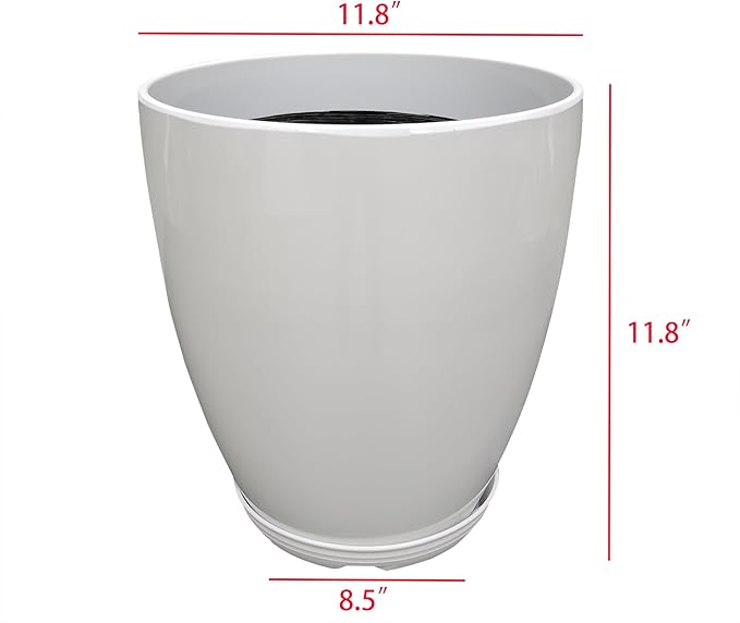 FixtureDisplays® 11.8" Diameter 11.8" Tall White Plant Pots, Plastic Flower Pots with Drainage Holes and Saucers for Indoor and Outdoor 15748-NF