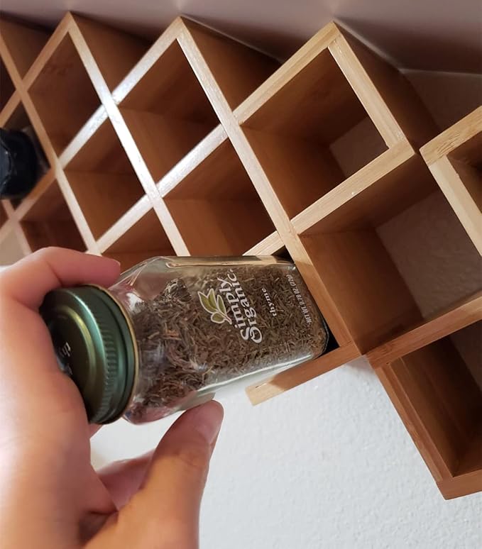 Bamboo Criss Cross Spice Rack Organizer for Cabinet, Wood Seasoning Rack Spice Holder, 18-Jar Spice Rack Tower Spice Storage for Kitchen Countertop Drawer-Jars Not Included